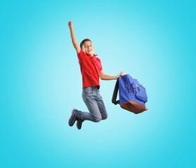 Full body jumping energetic child on color background