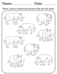 Rhino Puzzle. Printable Activity Page for Kids. Educational Resources for School for Kids. Kids Activity Worksheet. Match Similar Shapes