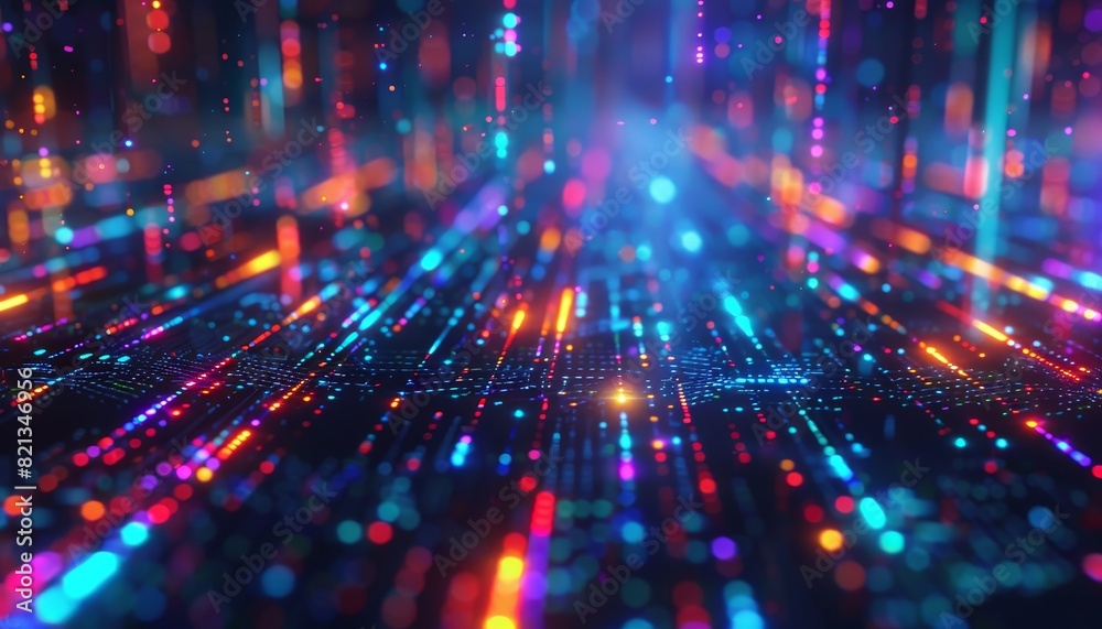Poster Vibrant digital abstract background with glowing neon lights, representing data and technology in a futuristic cyber environment.