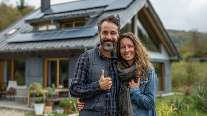Naklejka premium Modern German house with black solar panels on the roof. generative ai