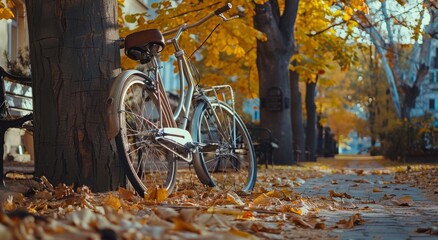 Fototapeta premium Bike Parked Next to Tree With Yellow Leaves