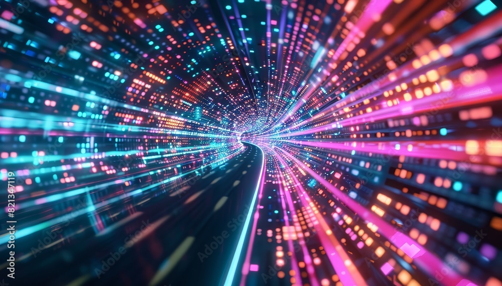 Aufkleber vibrant digital tunnel of colorful lights representing data flow, technology, and innovation in a fu
