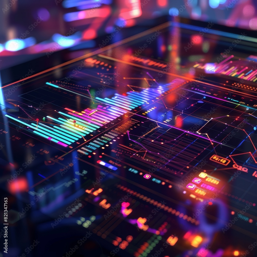 Poster Vibrant display of stock market charts and data analytics on a futuristic digital interface, showcasing financial statistics and trends.