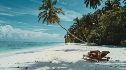 Fototapeta premium Beach With Two Lounge Chairs and Palm Tree