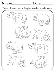 Rhino Puzzle. Printable Activity Page for Kids. Educational Resources for School for Kids. Kids Activity Worksheet. Match Similar Shapes