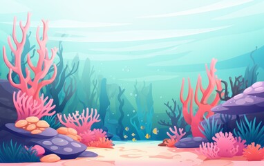 Vibrant underwater scene with colorful coral reefs, marine plants, and fish swimming, illustrating a beautiful ocean habitat.