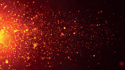 Dynamic wave of glowing fire particles flying horizontally. Sparkling bright particles fly in space. Flickering particles. 3D vector illustration