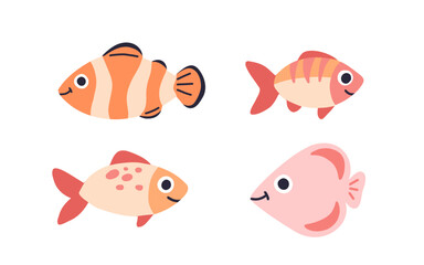 Isolated cute sea fish. Set of freshwater aquarium cartoon fish for print, children development. Varieties of decorative colored fish, flat geometric fish design