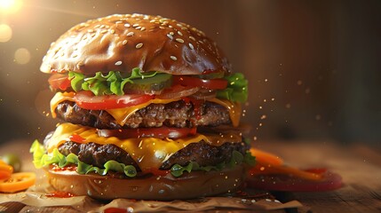 Delicious cheese and hamburger pictures with lettuce, bacon, tomato, and pickles. A close-up image...