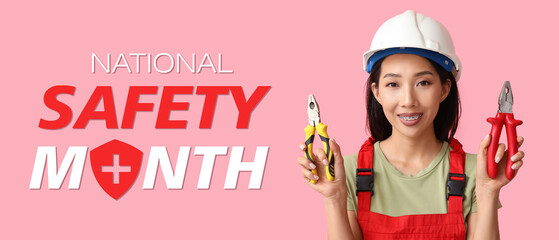 Young female electrician with pliers on pink background