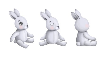 Watercolor plush bunnies sitting in different poses with various emotions. Illustration for composing your design and printing on finished products.