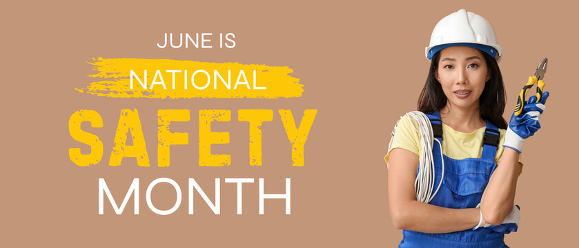 Young female electrician with pliers and cables on beige background