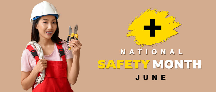 Young female electrician with pliers and cables on beige background