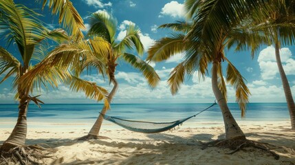 Serenity at Seaside Relaxing hammock on tropical beach with palm trees and blue sky, ideal for travel and relaxation