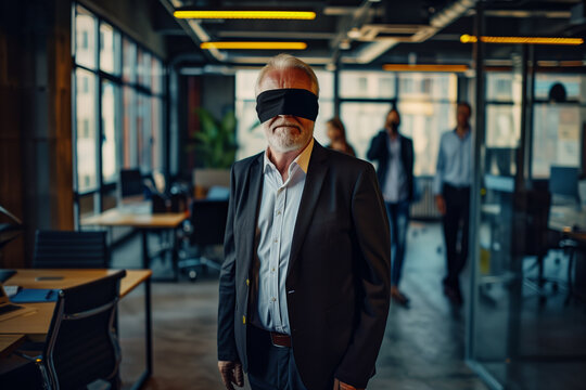 Gesch&auml;ftsmann mit verbundenen Augen steht im B&uuml;ro 