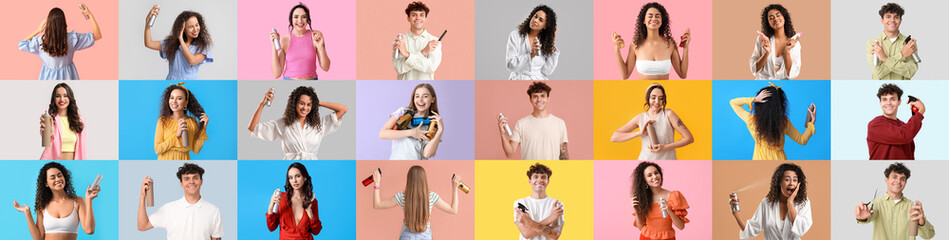 Collage of many people with hair sprays on color background