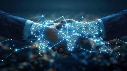 business man handshake with effect global world map network link connection and graph chart of stock market graphic diagram, digital technology, internet communication, teamwork, partnership concept