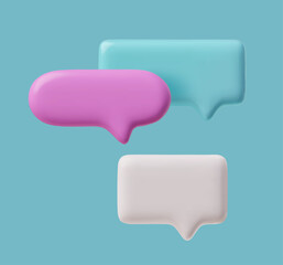 3D glossy empty speech bubbles, vector roundish rectangles message text bubble volume forms, dialogue clouds on blue