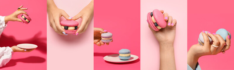 Collage of hands with tasty macarons on pink background