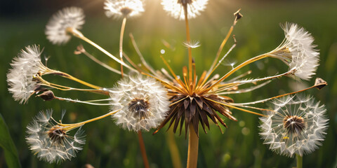 Close-Up of Dandelion in Field..... A close-up of a common dandelion flower with a bright yellow center and white fuzzy seeds, growing in a field.