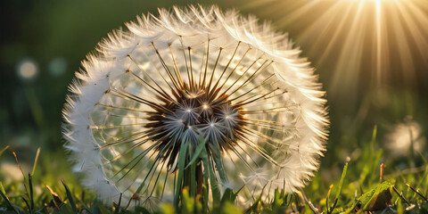 Close-Up of Dandelion in Field..... A close-up of a common dandelion flower with a bright yellow center and white fuzzy seeds, growing in a field.