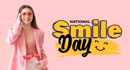 Banner for National Smile Day with stylish young woman