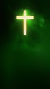 Holy Christian Cross on Vertical Green Particle Loop Background
