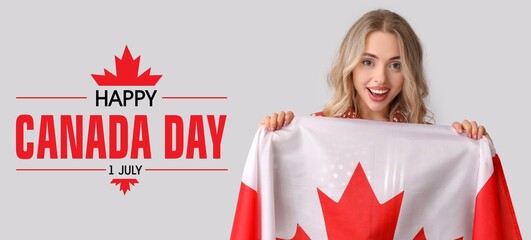 Happy young woman with Canadian flag on light background. Banner for Canada Day