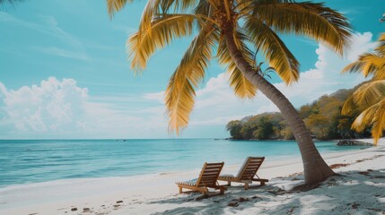 Beach With Two Lounge Chairs and Palm Tree