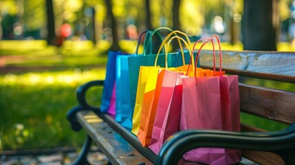 Brightly colored shopping bags on a park bench