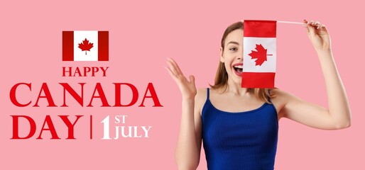 Happy young woman with Canadian flag on pink background. Banner for Canada Day