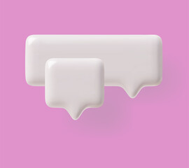 3D glossy white empty speech bubbles, vector volume rectangle and square text bubbles with shadow on pink, chat message
