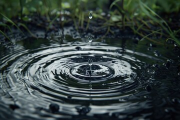 A drop of water falls into a puddle of water. The scene is peaceful and calming