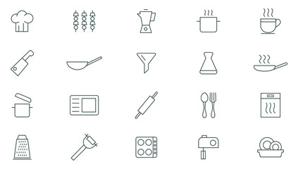 Kitchen and cooking line icons set. Recipe book, chef hat and cutting board, frying pan and Kitchen utensils. Fork, spoon and knife line icons. Outline icon collection. Thin outline icons pack.