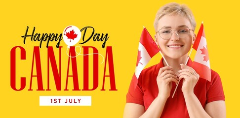 Happy young woman with Canadian flags on yellow background. Banner for Canada Day