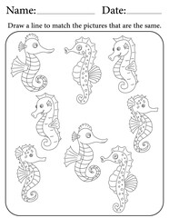 Seahorse Puzzle. Printable Activity Page for Kids. Educational Resources for School for Kids. Kids Activity Worksheet. Match Similar Shapes