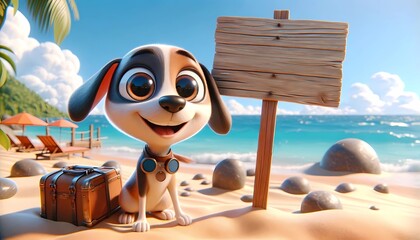 A cheerful cartoon dog with big round eyes sitting happily on top of a sandy beach.