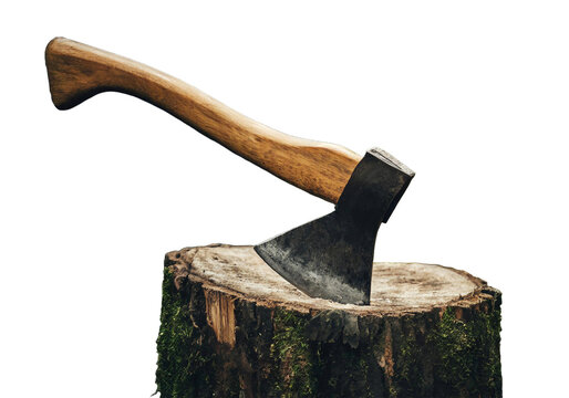Old axe with wooden handle, in a tree stump, isolated backdrop.