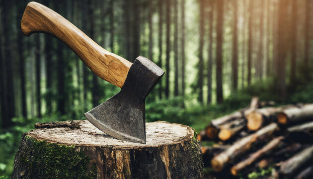 Old hatchet with wooden handle stuck in tree stump in a forest.