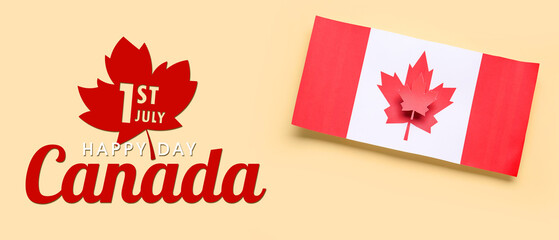 Paper flag of Canada with maple leaf on yellow background