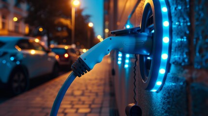 Electric Car Plugged Into Charging Station at Night