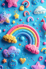 Illustration in 3D style with rainbow, stars and clouds. Vertical cartoon background for tik tok, instagram, stories. Generated by artificial intelligence