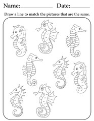 Seahorse Puzzle. Printable Activity Page for Kids. Educational Resources for School for Kids. Kids Activity Worksheet. Match Similar Shapes