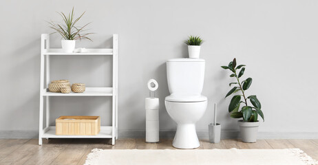 Interior of restroom with toilet bowl, shelving unit and houseplant near grey wall