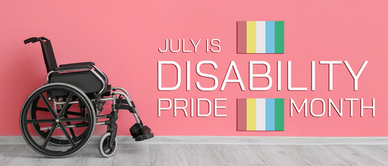 Empty wheelchair near color wall