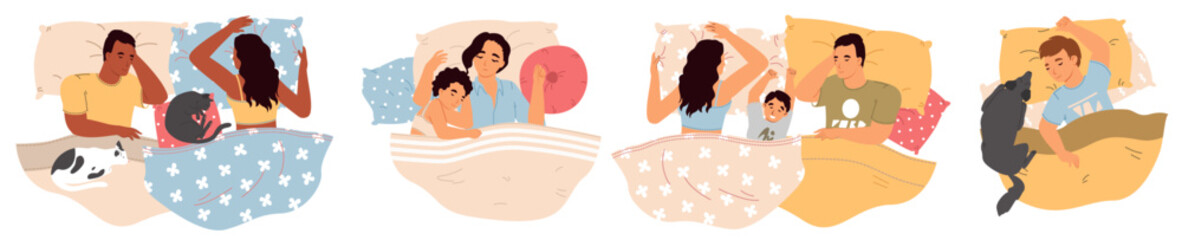 Relaxed sleeping family with children and pets lying in bed top view. Deep dream of people character cartoon vector illustration