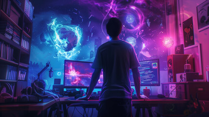Gamer in a vibrant, neon-lit room playing a fantasy game.