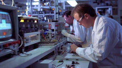 A group of engineers and technicians working in a laboratory testing and improving upon the neutrino communication network technology.