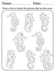 Seahorse Puzzle. Printable Activity Page for Kids. Educational Resources for School for Kids. Kids Activity Worksheet. Match Similar Shapes