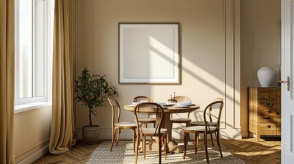 dining room, furniture and beige wall with poster frame generative ai
